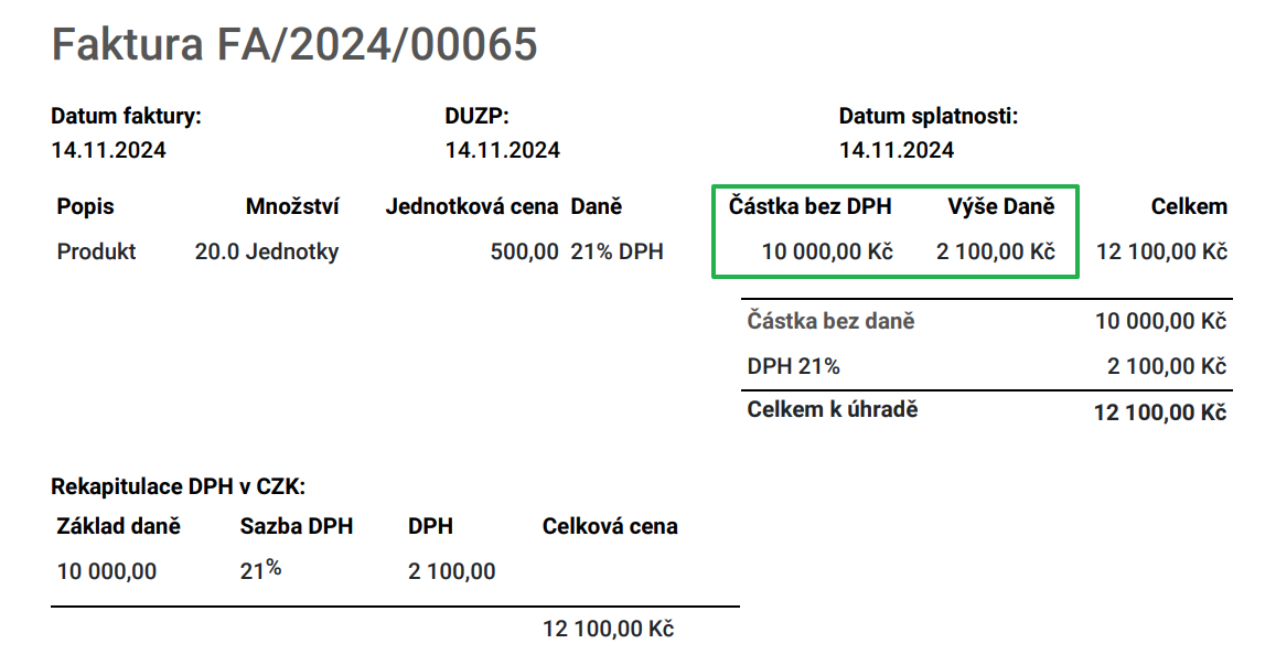 Přidané sloupce na PDF faktur