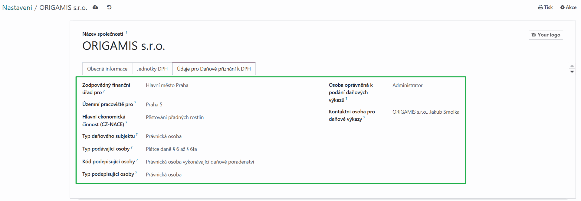 Nová pole v nastavení společnosti